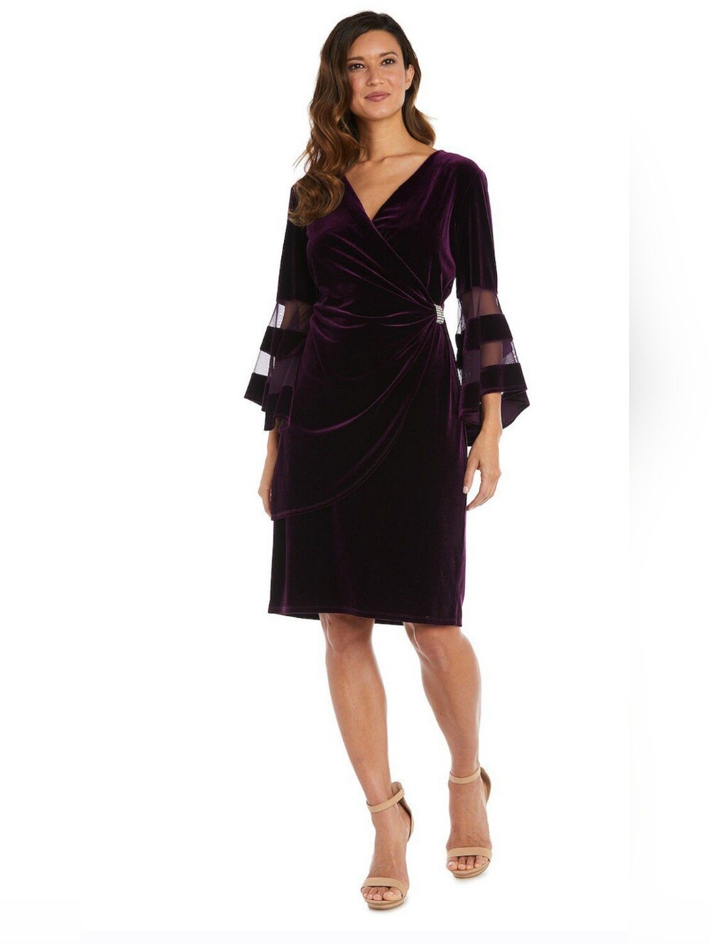 R&M Richards Plum Purple Stretch Velvet Faux Wrap Bell Sleeve Dress Size 12